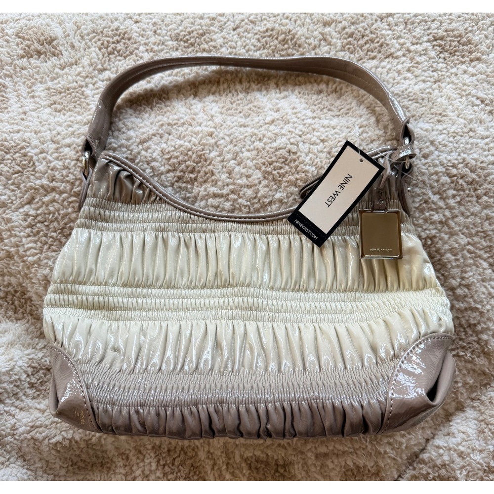 Nine West Ruched Patent Leather Shoulder Bag Taupe Cream Neutral Colorblock